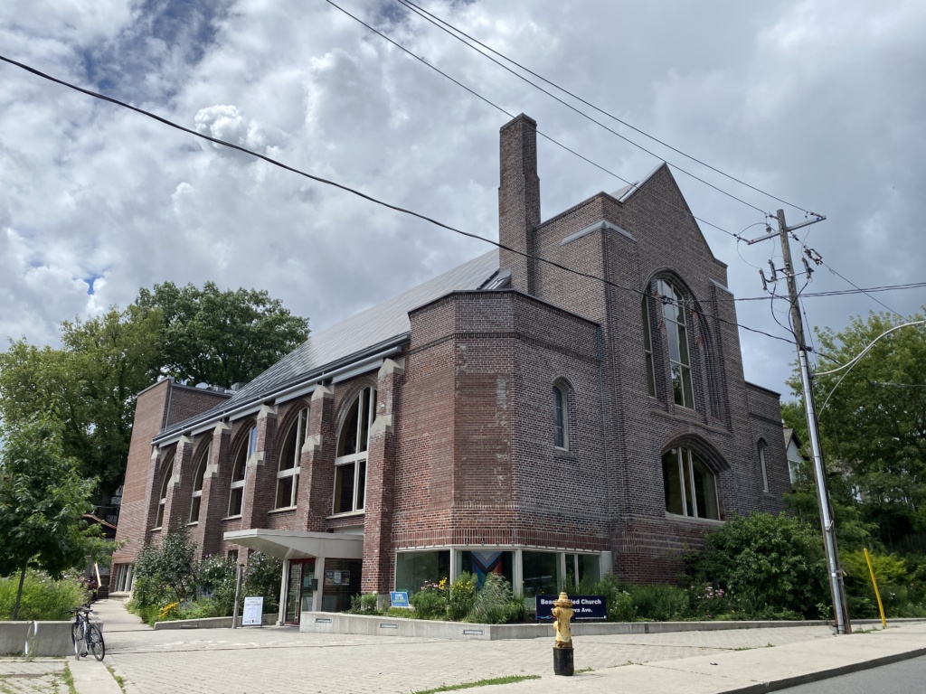 Exterior of Beach United Church at 140 Wineva Ave. in Toronto