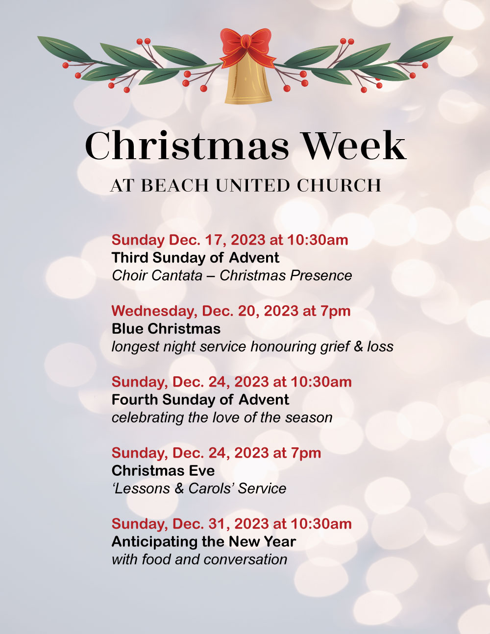 Christmas Week Services at Beach United Church