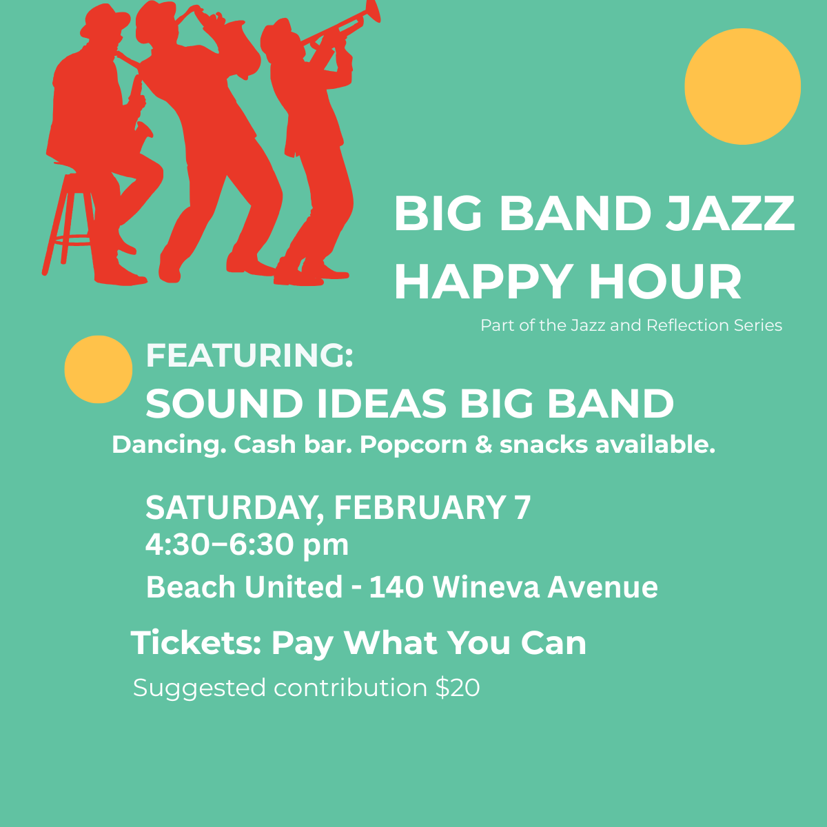 Poster for Big Band Jazz Happy Hour featuring Sound Ideas Big Band at Beach United Church on February 7.