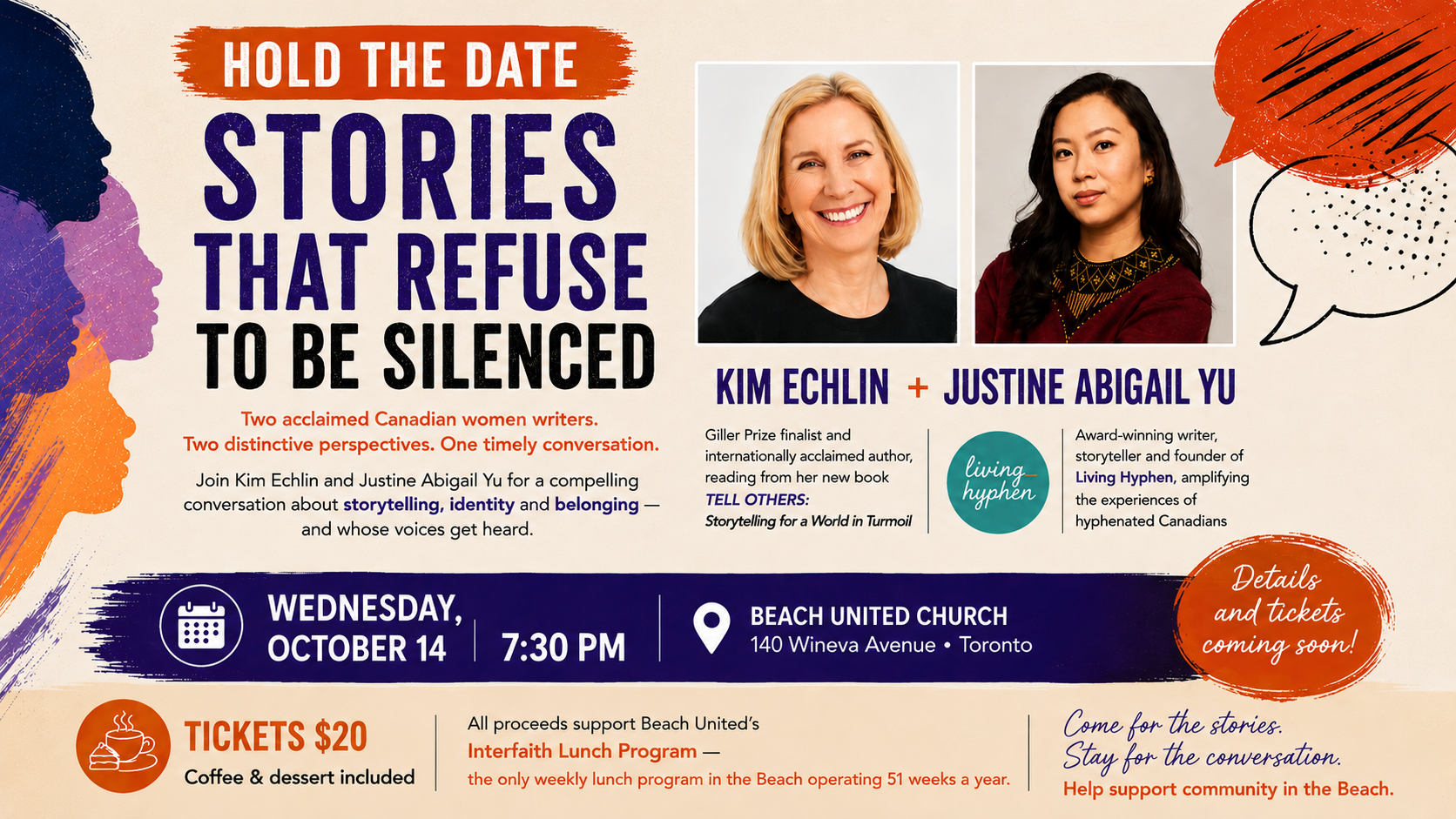 Stories That Refuse to Be Silenced, with authors Kim Echlin and Justine Abigail Yu, October 14 at Beach United Church.