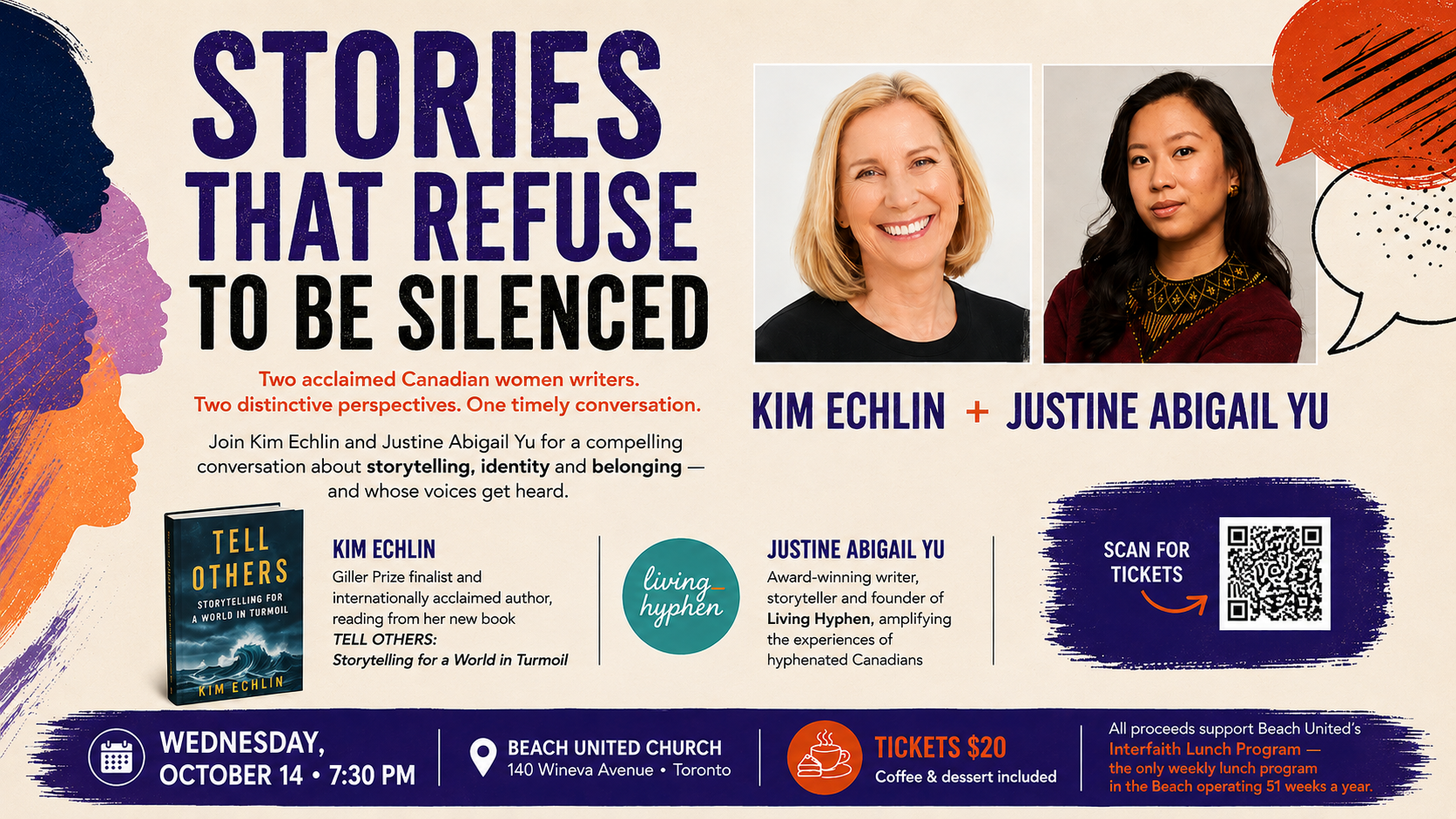 Stories That Refuse to Be Silenced, with authors Kim Echlin and Justine Abigail Yu, October 14 at Beach United Church.