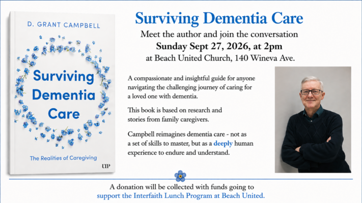 Surviving Dementia Care author event with D. Grant Campbell at Beach United Church, September 27, 2026.