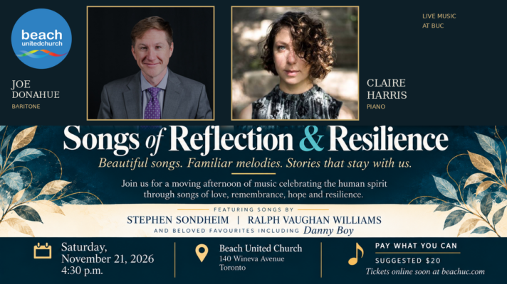 Concert graphic featuring baritone Joe Donahue and pianist Claire Harris for Songs of Reflection & Resilience at Beach United Church, November 21, 2026.